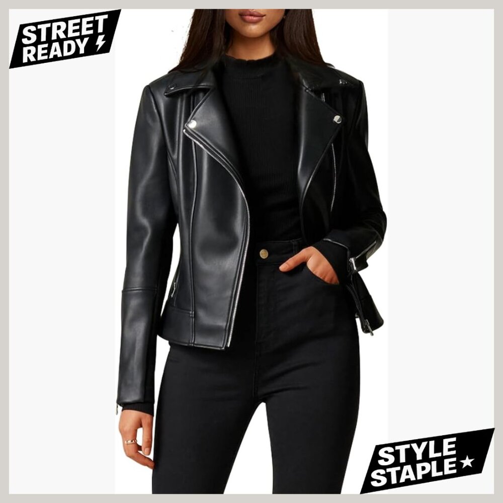 Faux Leather Motorcycle Jacket with Stretchy Sleeves Asymmetrical Moto Biker